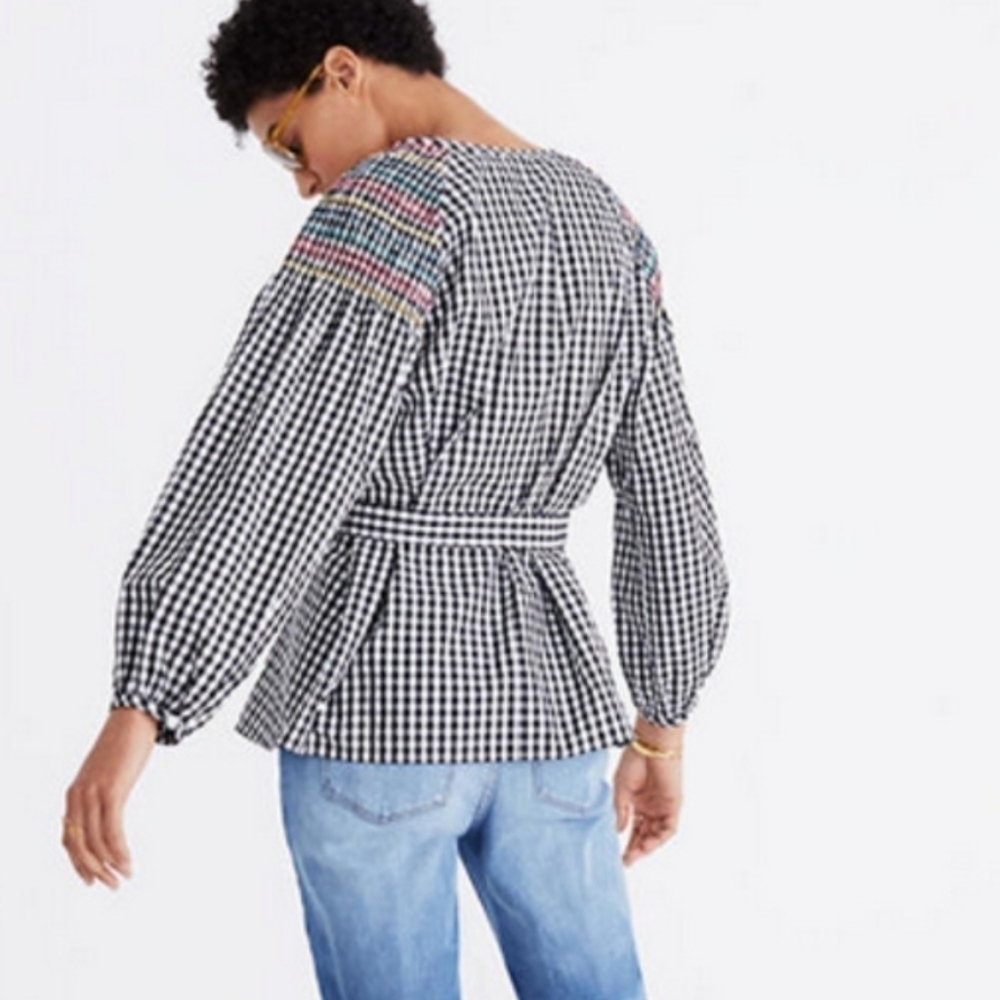 MADEWELL black and white gingham embroidered detail top with waist tie - Picture 11 of 15